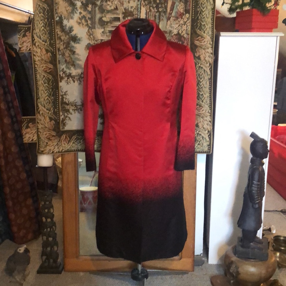 St. John red satin black wool accents midi dress and overcoat EUC size 8
